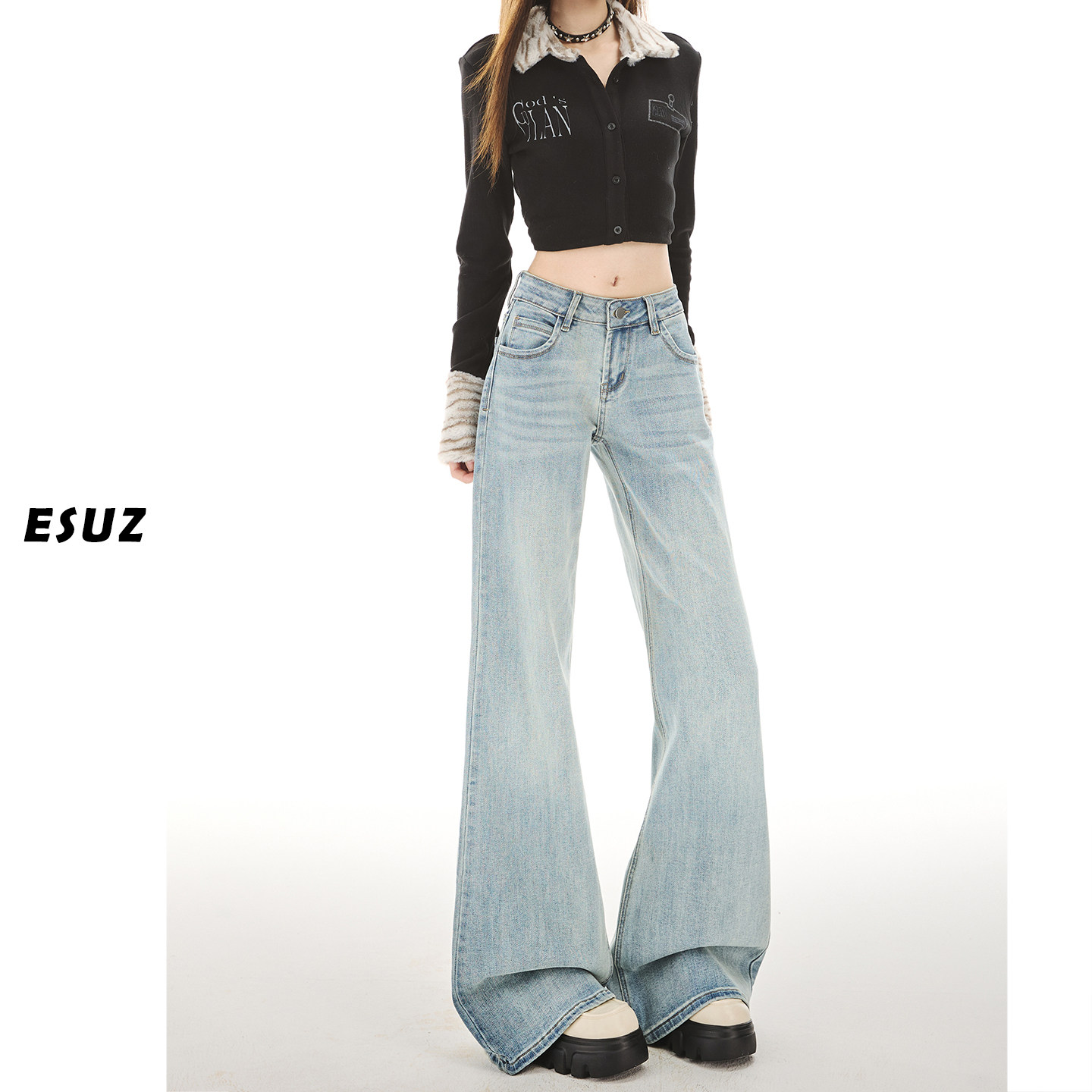 日本offcat浅蓝色微喇牛仔裤女秋冬2025新款低腰辣妹不贴腿垂感拖