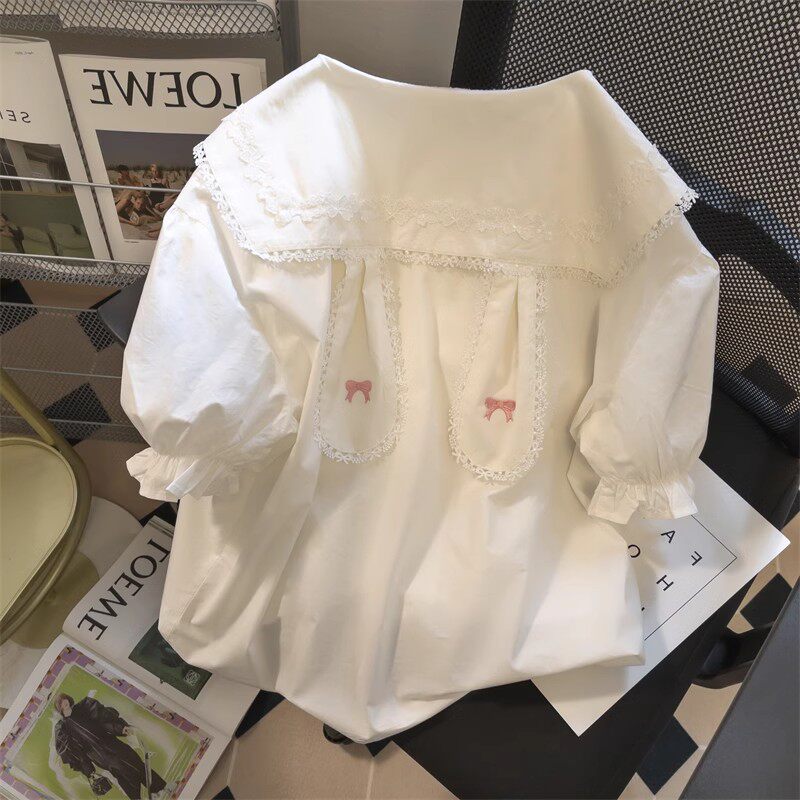 日本offcat可爱蝴蝶结jk娃娃领短袖衬衫女夏季宽松小众兔耳朵上衣