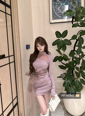 日本offcat温柔风紫色钉钻半高领针织连衣裙女秋冬收腰显瘦包臀短