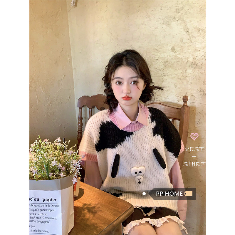 日本offcat可爱小狗提花撞色针织马甲毛衣女秋季韩系叠穿粉色衬衫