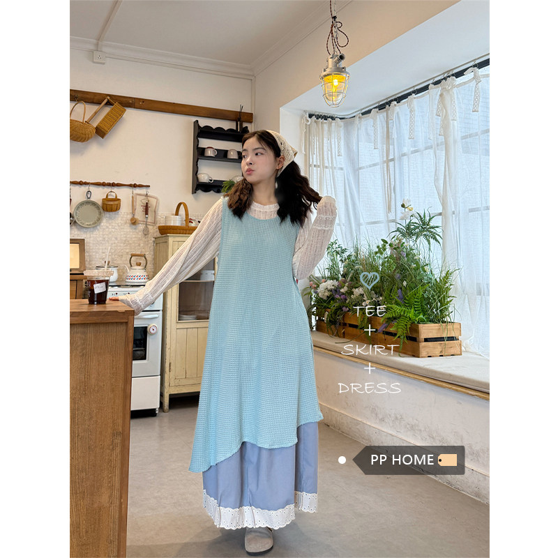 日本offcat小清新蓝色背心连衣裙女秋季花边拼接半身裙叠穿甜美三