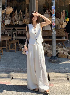 日本offcat亚麻天丝极简老钱风2025设计感薄款马甲背心直筒阔腿休