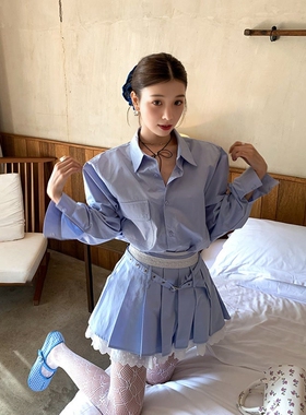 日本offcat2025春夏新款休闲洋气时尚减龄套装蓝色衬衫百褶短裙两