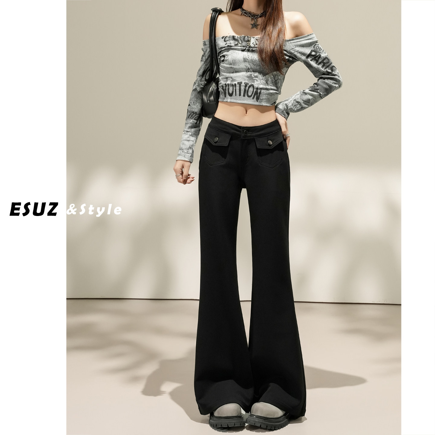 日本offcat美式辣妹黑色微喇牛仔裤女早春新款秋冬低腰双口袋修身