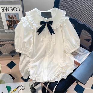 衬衣女夏设计感别致娃娃领短袖 日本offcat白色甜美蝴蝶结衬衫 上衣