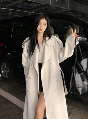 日本offcat白色中长款风衣外套女2025春秋季小个子英伦风收腰垂感