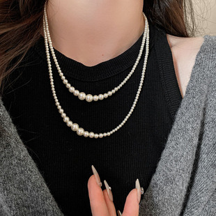 钛钢不掉色品质玻璃珍珠叠戴项链女复古气质毛衣链高级秋冬锁骨链