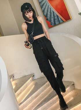 2026春秋新款黑色工装裤女宽松bf风显瘦高腰ins哈伦裤休闲束口裤