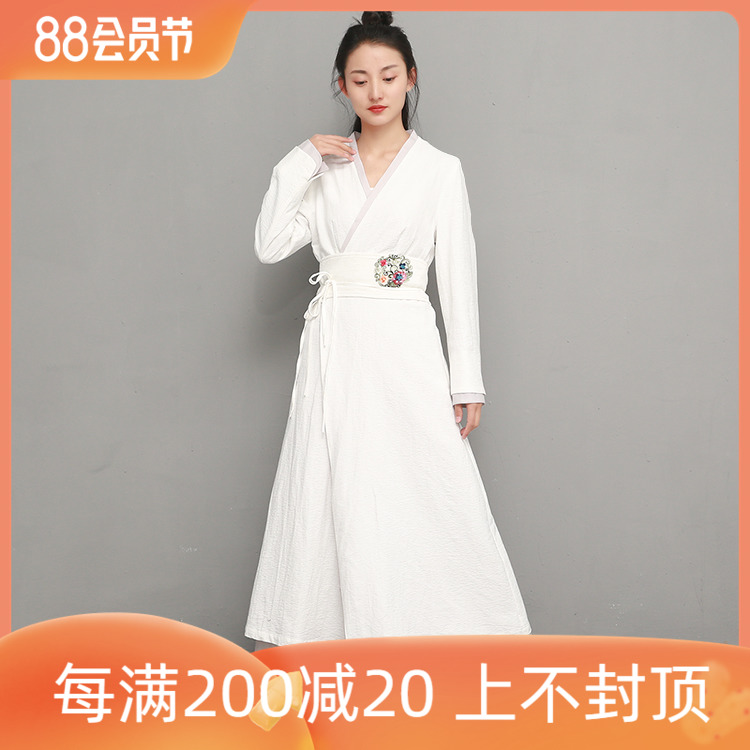 春临2023春秋茶服女中式禅意禅服禅舞服文艺复古白色棉麻连衣裙子