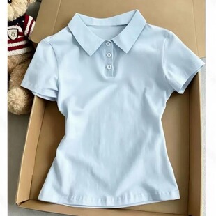 韩系纯色Polo领纽扣短袖t恤女夏新款设计翻领修身显瘦JK制服衬衫