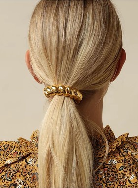 leletny时髦夸张金属亮面粗链条发绳欧美ins同款钛钢镀18k金发圈