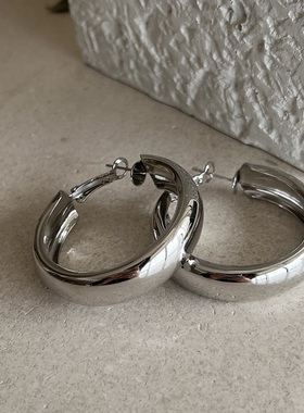 LJW 欧美冷淡风银色光面素圈耳环极简百搭粗款圈圈耳饰网红圆环女