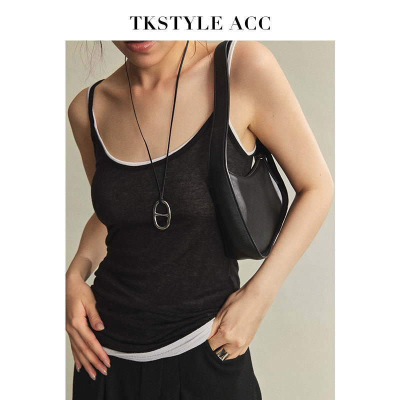 tkstyleacc项链女轻奢小众长款夏天银色吊坠皮绳锁骨链围巾方巾扣