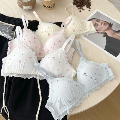 甜美樱桃蕾丝边内衣女夏薄款小胸聚拢防下垂透气舒适无钢圈文胸罩