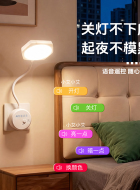 智能语音小夜灯卧室床头小灯led灯USB灯声控护眼床头小夜灯排插座
