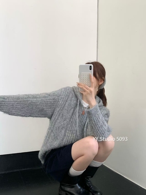 HIDEOUT 复古风韩系减龄麻花休闲宽松百搭连帽拉链开衫毛衣外套女