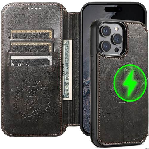 适用于iphone 14 15 pro max leather case magsaf cover苹果15plus/13/12promax插卡磁吸无线充翻盖皮套