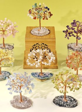 天然水晶碎石发财树 家居摆件天然玛瑙切片底座办公室工位装饰品