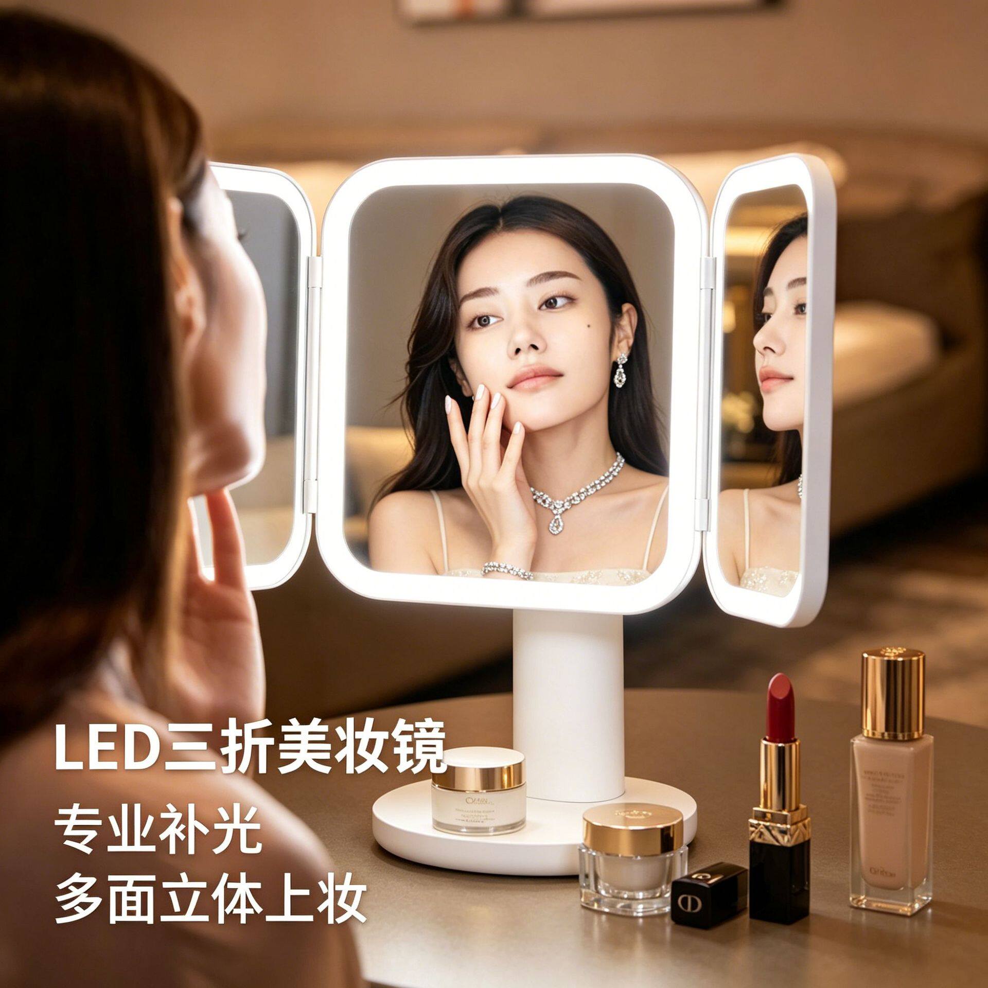 桌面镜子寝室口红led化妆镜带灯三折镜家用学生台式折叠梳妆镜