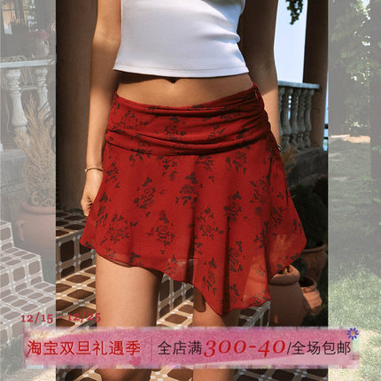 ITSNIKAR 复古红色雪纺印花半身裙女夏法式性感包臀裙显瘦短裙子