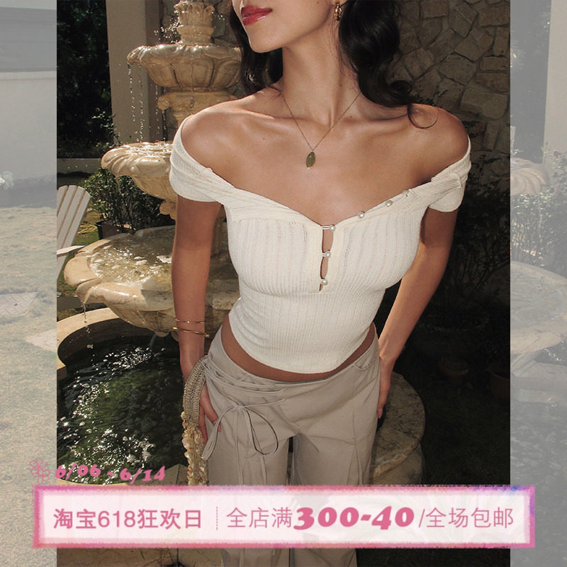 ITSNIKAR 珍珠亨利法式性感短袖T恤女修身一字肩短款针织露肩上衣