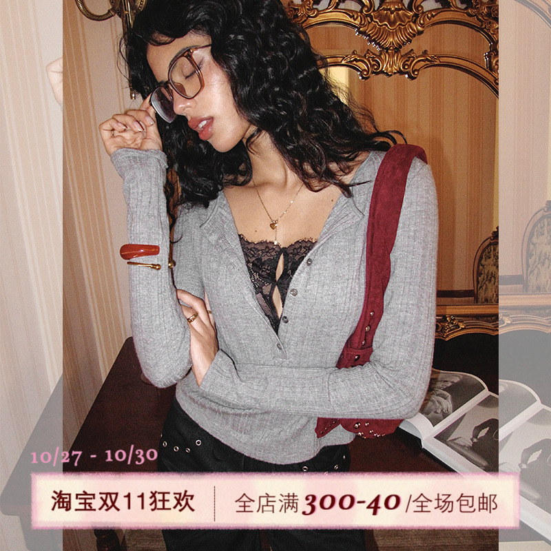 ITSNIKAR 假两件V领毛针织衫女秋性感显瘦打底衫蕾丝拼接长袖上衣