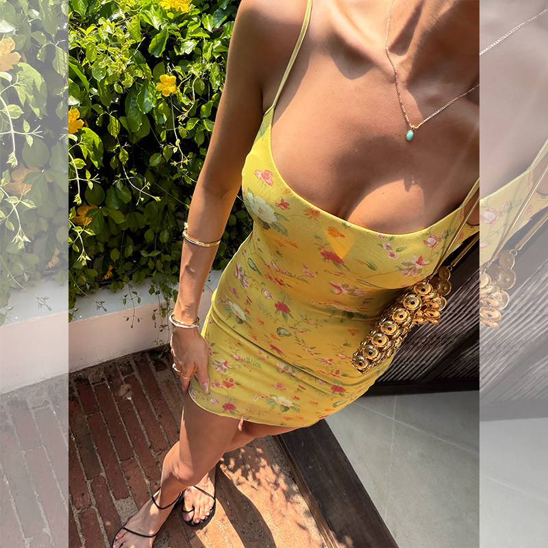 ITSNIKAR复古多巴胺玫瑰吊带连衣裙女夏修身性感包臀裙印花短裙子