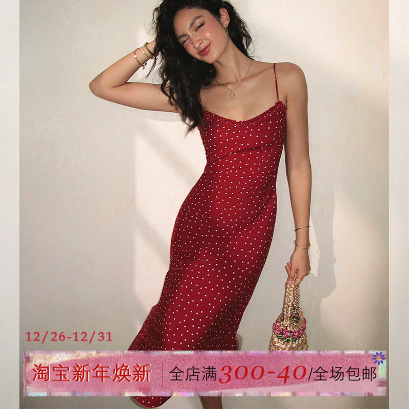 ITSNIKAR 法式红色吊带连衣裙女夏波点印花圣诞裙收腰性感长裙子