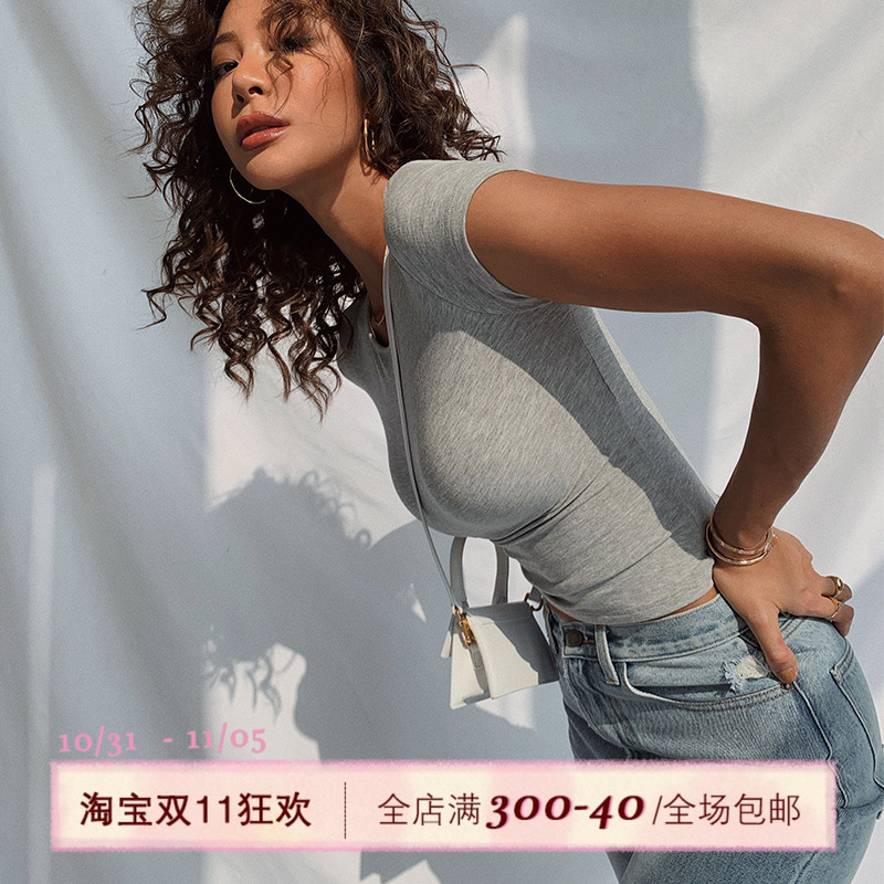 ITSNIKAR 美式白色短袖t恤女夏欧美修身半袖紧身辣妹红色正肩上衣