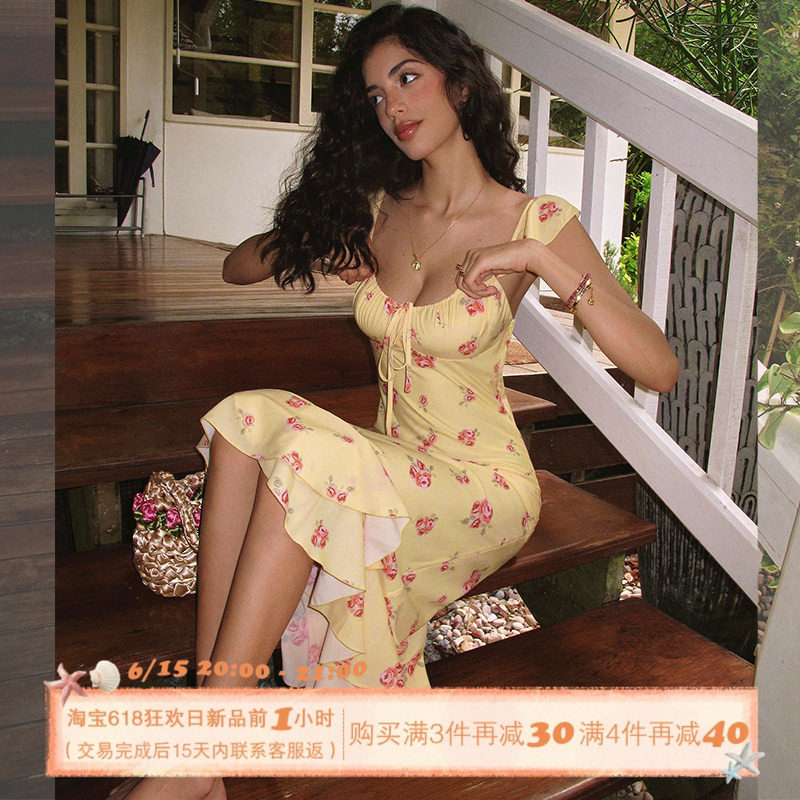 ITSNIKAR【獨家印花】法式碎花吊带连衣裙女夏荷叶边设计鱼尾裙子