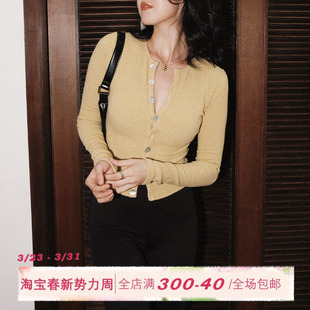 法式 短款 V领针织开衫 内搭修身 上衣 女秋外穿鹅黄色打底衫 ITSNIKAR