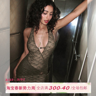 ITSNIKAR 复古V领蕾丝挂脖连衣裙女秋冬收腰性感包臀裙显瘦短裙子