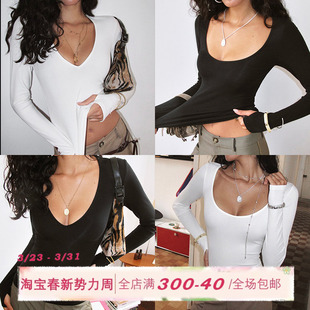 打底衫 ITSNIKAR 女秋弹力修身 V领裸感毛针织衫 性感显瘦短上衣 经典