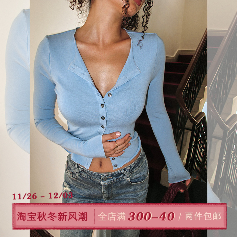 ITSNIKAR 法式白色V领针织衫女秋冬性感修身长袖打底衫紧身短上衣