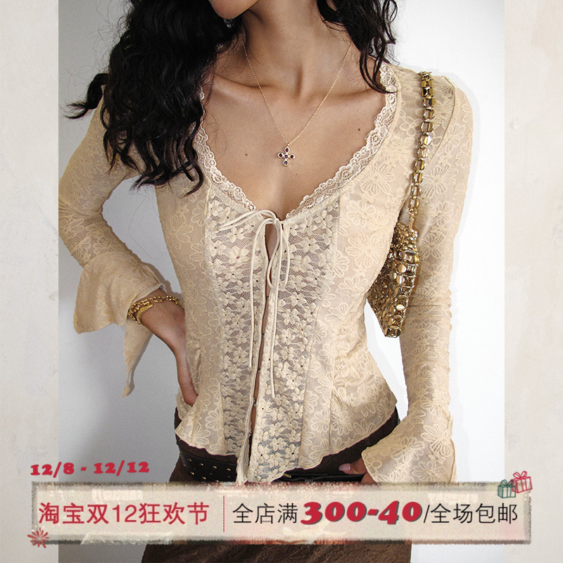 ITSNIKAR法式复古肌理感蕾丝长袖针织套装早秋包臀长裙上衣两件套