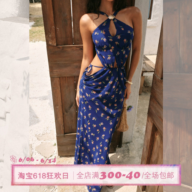 ITSNIKAR经典蓝碎花挂脖连衣裙女夏性感镂空包臀裙海边度假长裙子