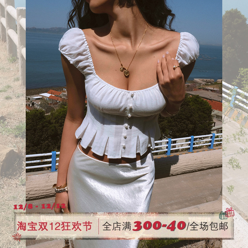 ITSNIKAR 法式方领收褶设计短袖T恤女夏立体感气质修身显瘦短上衣