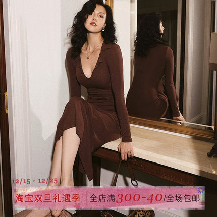 ITSNIKAR 复古性感棕色针织连衣裙女长袖V领打底裙修身包臀长裙子