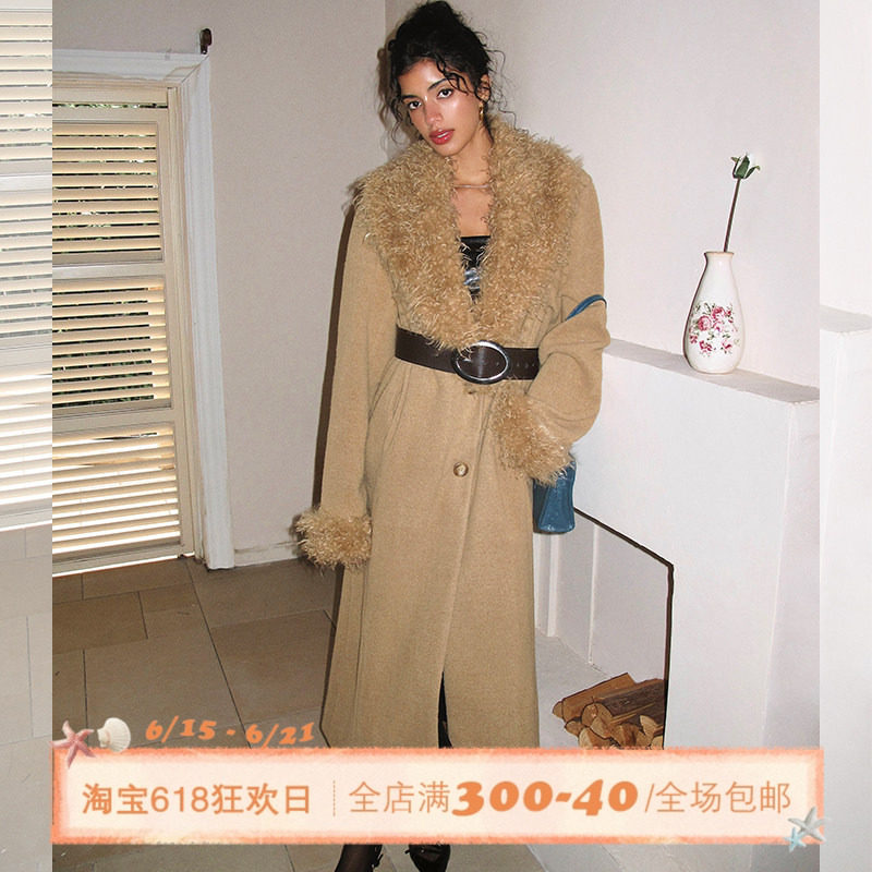 ITSNIKAR 经典毛毛拼接翻领毛呢外套女秋冬立体保暖过膝长款上衣