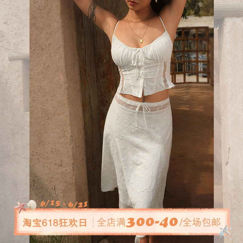 ITSNIKAR 法式玫瑰刺绣蕾丝朱莉套装女设计感吊带背心半裙两件套