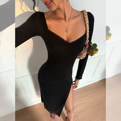 ITSNIKAR 法式方领长袖针织连衣裙女冬性感蕾丝包臀裙开衩长裙子