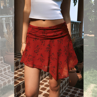 ITSNIKAR 复古红色雪纺印花半身裙女夏法式性感包臀裙显瘦短裙子