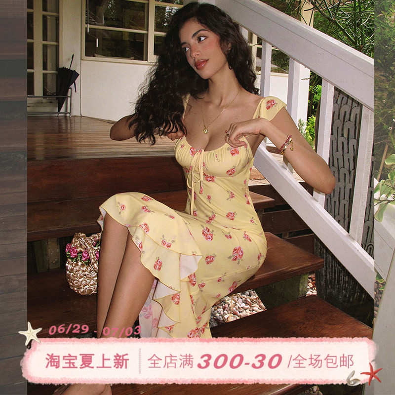 ITSNIKAR【獨家印花】法式碎花吊带连衣裙女夏荷叶边设计鱼尾裙子