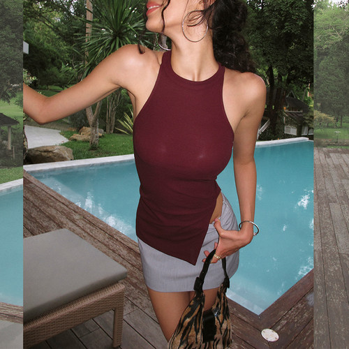 ITSNIKAR肌理感露肩针织背心吊带女夏修身显瘦内搭复古开叉短上衣