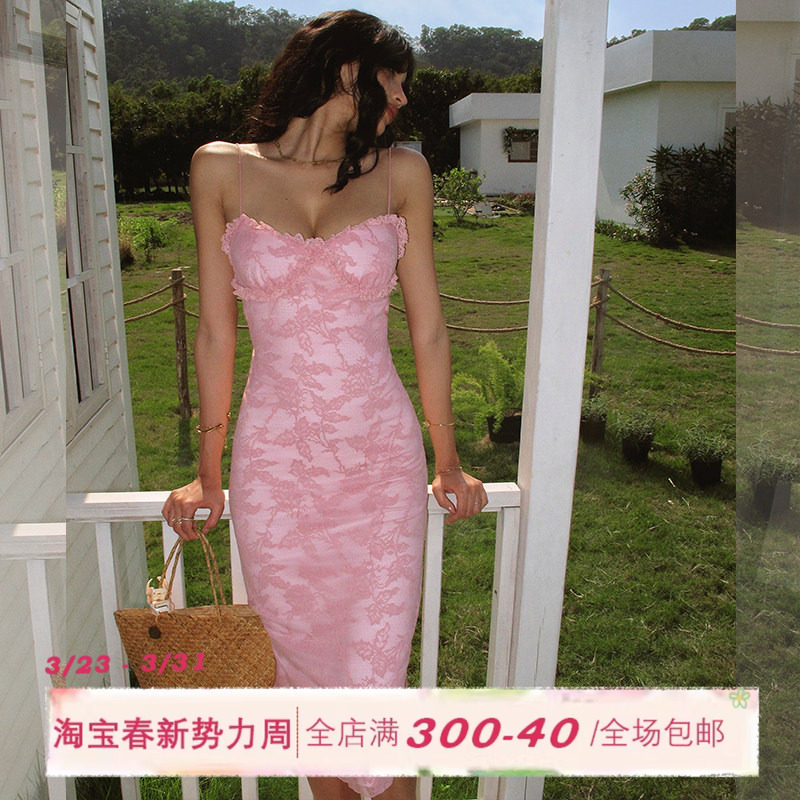 ITSNIKAR法式玫瑰花吊带连衣裙女夏黑色蕾丝包臀裙性感显瘦长裙子