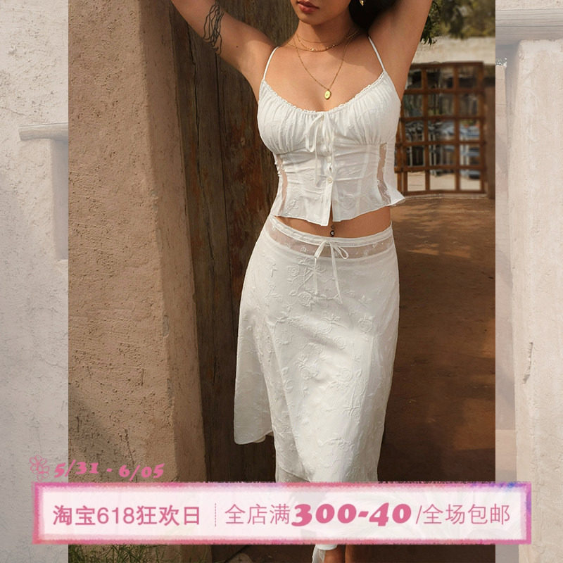 ITSNIKAR 法式玫瑰刺绣蕾丝朱莉套装女设计感吊带背心半裙两件套
