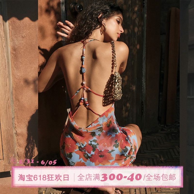 ITSNIKAR 法式雪纺印花挂脖连衣裙女夏露背性感包臀裙荡领长裙子
