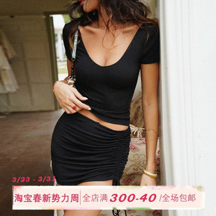 短款 ITSNIKAR法式 夏季 t恤欧美性感修身 上衣女 甜辣桃心领露背短袖