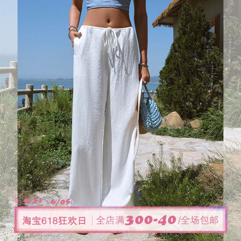 ITSNIKAR慵懒白色休闲裤女夏棉麻亚麻感松弛海边度假沙滩裤长裤子