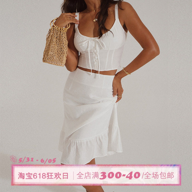 ITSNIKAR「朱莉套装」法式蝴蝶结套装女白色吊带上衣半身裙两件套